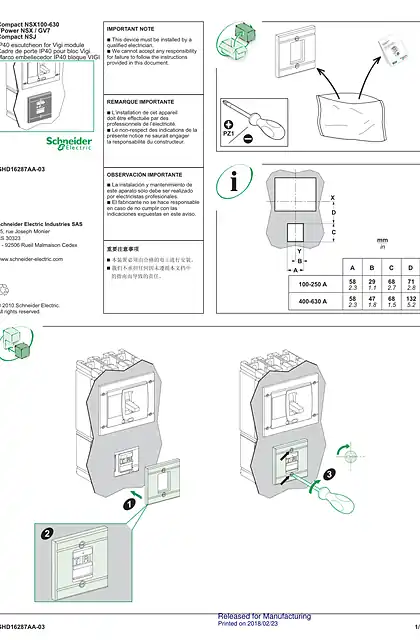 schneider施耐德Notice dinstallation du cadre de porte IP40 pour bloc Vigi pour Compact NSX 100-630_ FPower NSX et GV7